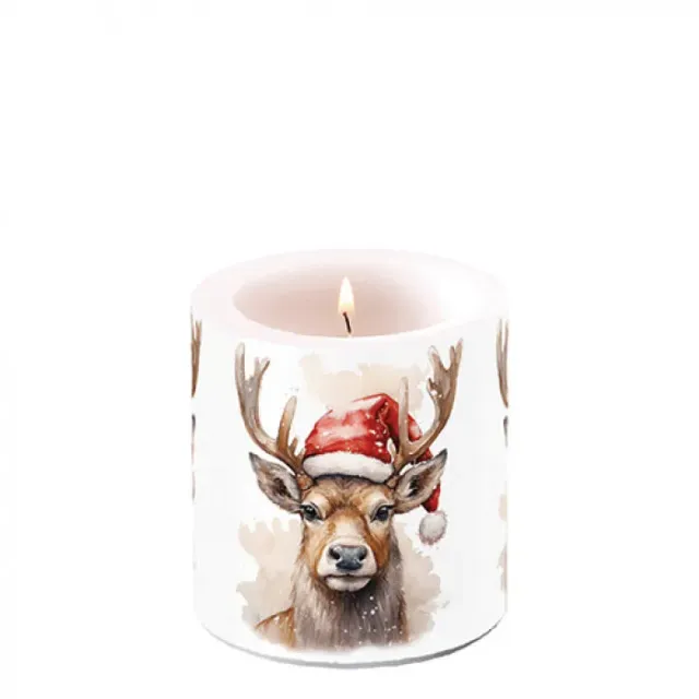 Ambiente Deer with Santa Hat White Kaars Klein 9cm Paraffine