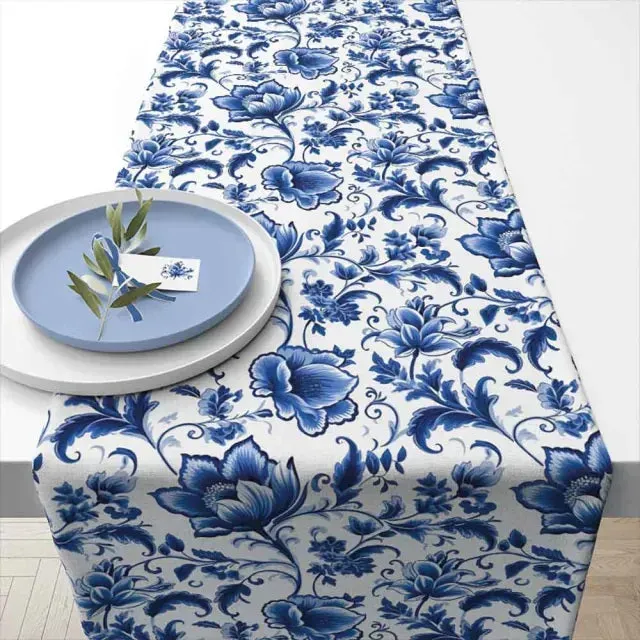 Ambiente Delft Blue Florals tafelloper katoen 40x150 cm