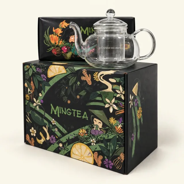 Ming tea Jade theepot 600 ml theebloemen cadeaubox 6 stuks bloeiend