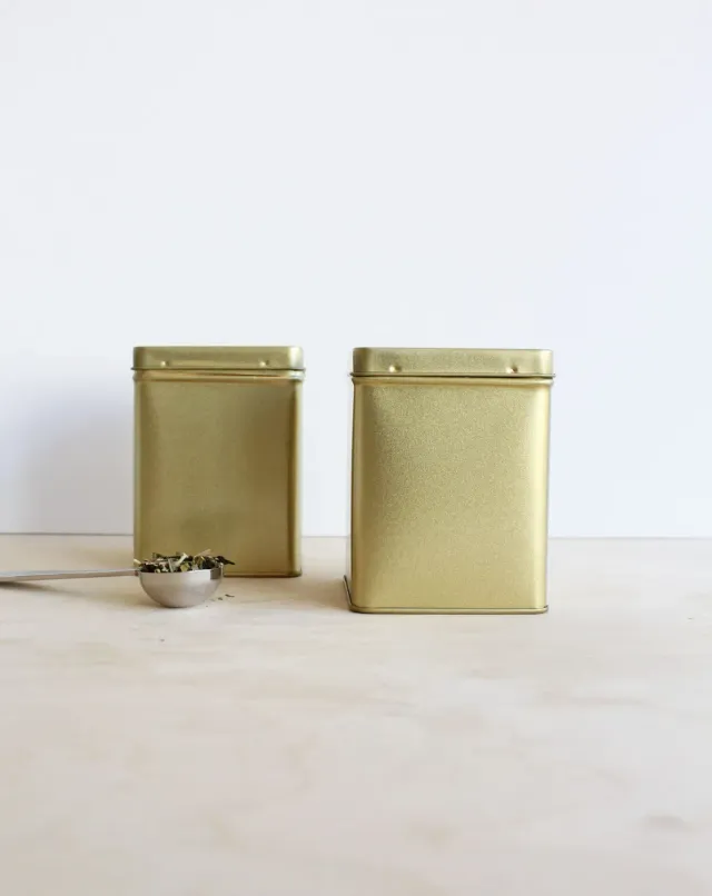 Tea Leafs Blik vierkant 100 gram theeblik goud