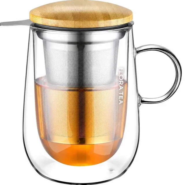 Flora Tea Dubbelwandige Theemok met Zeef en Deksel