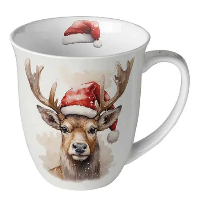 Ambiente Deer with Santa Hat Beker 400 ml Bone China